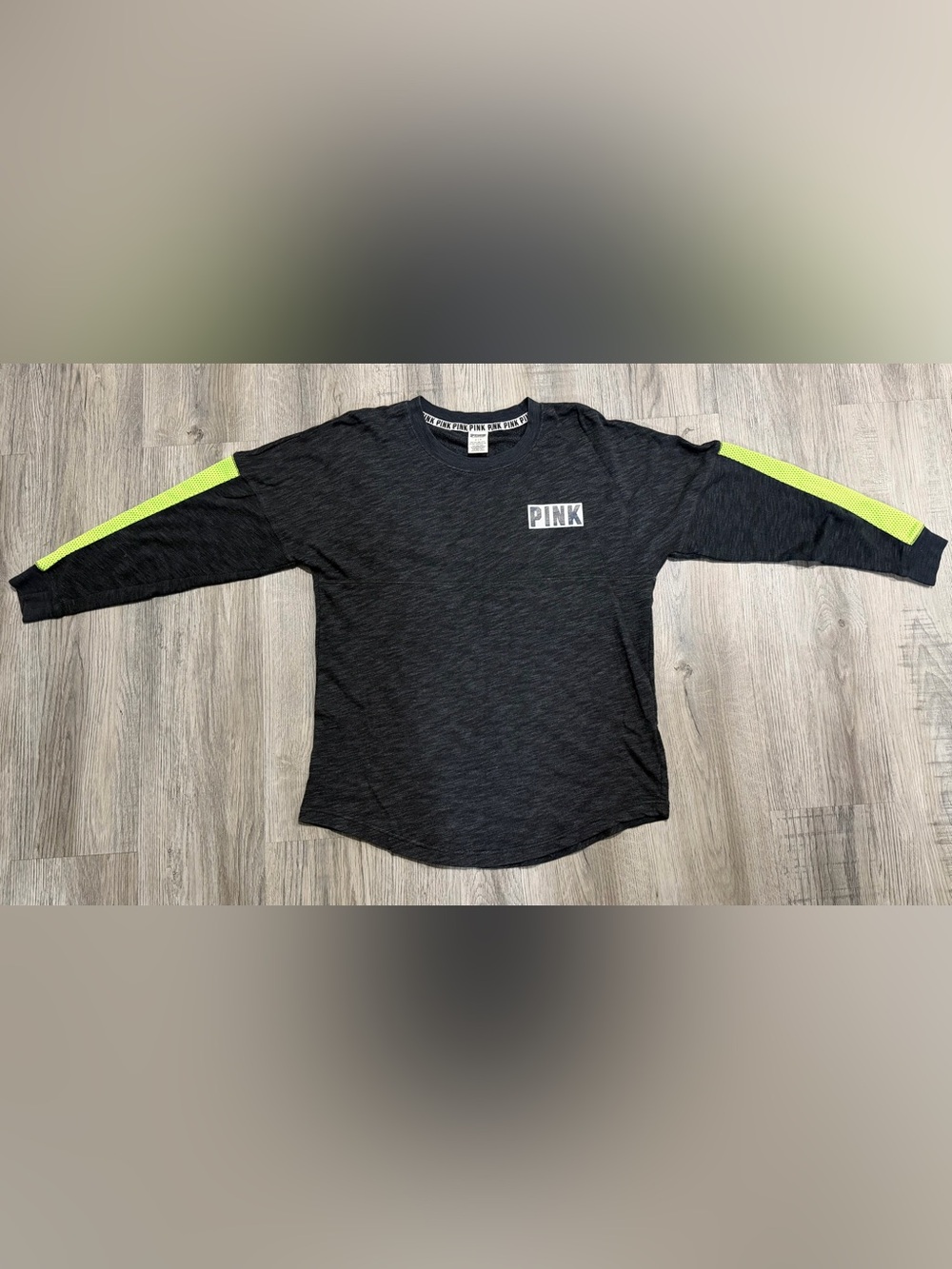 PINK Victoria's Secret - Charcoal Crewneck with Neon Lime Sleeve Panels